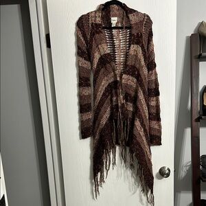 Daytrip Brown and Cream Striped Cardigan with Fringe